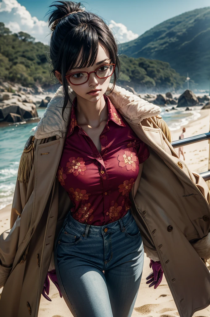 masterpiece, best quality, ultra-detailed, Tashigi, black hair, glasses, epaulettes, gloves, red-framed eyewear, coat, shirt, jeans pants, brown eyes, floral print, floral print shirt, in a beach, cowboy shot, serious, closed mouth, realistic, volumetric lighting, intricate details, tonemapping, sharp focus, hyper detailed, 