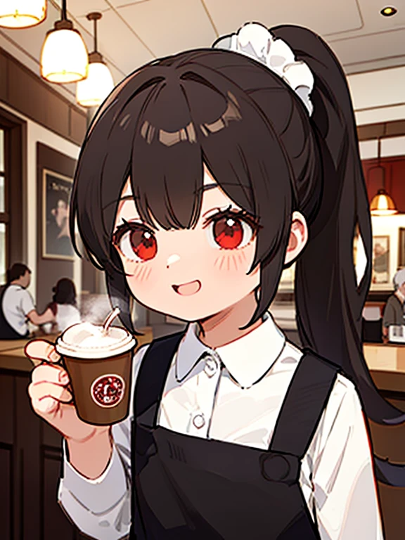 masterpiece, Highest quality, (alone focus), (Perfect Face:1.1), (Attention to detail:1.1),dramatic, 1 person, (Healthy Skin),Brown Hair,ponytail,Red eyes,[Thin eyebrows],Monocle,alone,(White collared shirt),(Black Apron),Open Mouth Smile,LOL,looking at the camera,Detailed Background,art,Coffee shop,Cinema Lighting,Coffee cup in hand