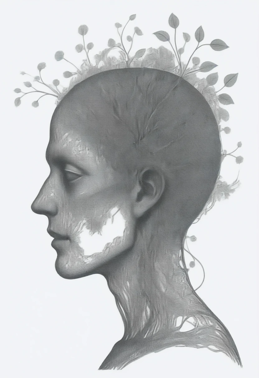 a silhouette of the outline of the brain blooming with vines and flowers by (tim burton:1.002) , rich detail, floral brain, vegetation, leave and blossoms, anatomy, vibrant, acrylc painting, wide brush
