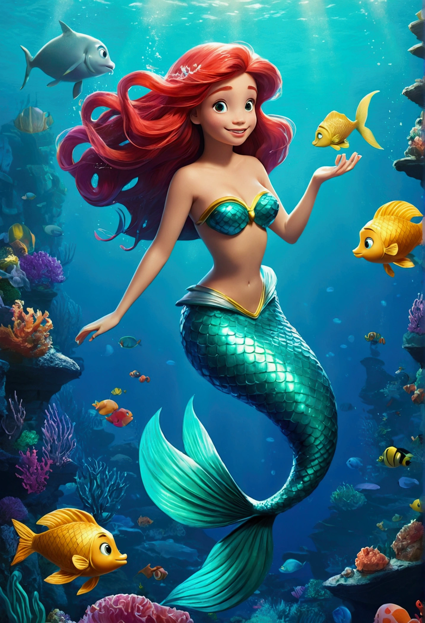 Ghibli　Little mermaid playing with a big fish in the sea, Turquoise Ocean, Illustration Style, Bright colors