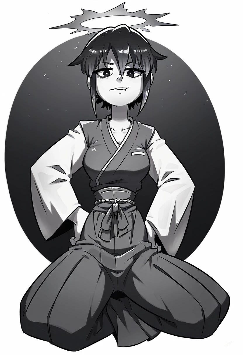 Girl, medium ruffled layered hair, black eyes, open belly, Masterpiece, hiquality, Good detail, hakama outfit with stomach exposed, half-body shot above waist, fire halo. Simple artstyle. Hands on hips, smile. Black and white artstyle, sitting down bored.