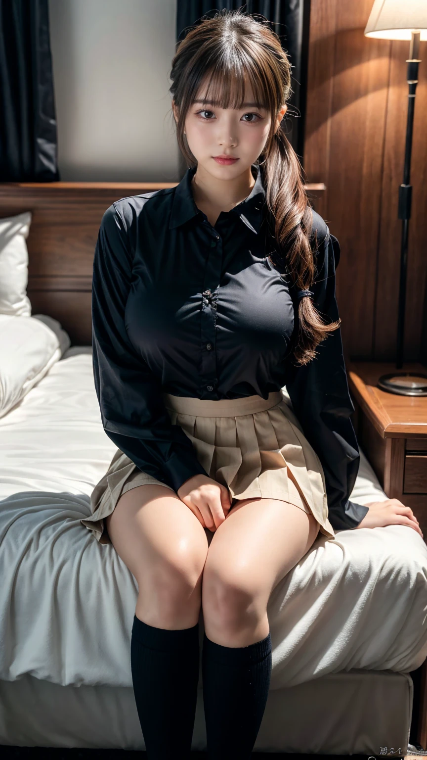 (8K, RAW Photos, Highest quality, masterpiece:1.2), (professional photography, full colors, studio-caliber color grading), (Gravure quality for high-end fashion magazines), BREAK,18 year old girl, (fluffy ponytail:1.2), Big Natural Color Lip, Plumpy body, (smooth skin:1.1), huge breasts, BREAK, (collared shirt:1.1), pleated skirt, knee high socks, BREAK, hotel room, cute , lolita