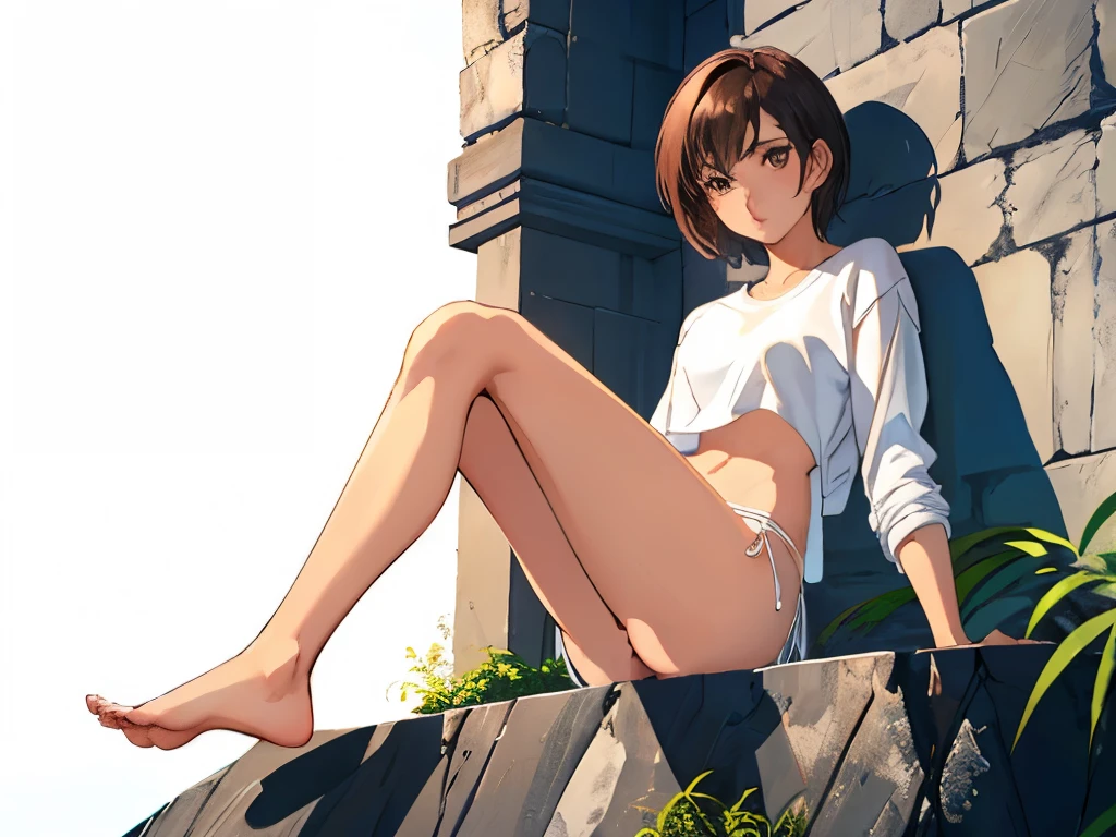 beautiful girl, slender, boyish, very short hair, brown hair, (wear a white long-sleeved T-shirt), (white bikini panties) , Perfect hands, Perfect body, Sitting with one Knee , (bare foot), ((looking away)), relaxing, ((Exquisite detail)), Very finely crafted fingers(((10 fingers))), (Full-body showcase), (Show your whole body), (No logos on background), (No logo), (taken from below),