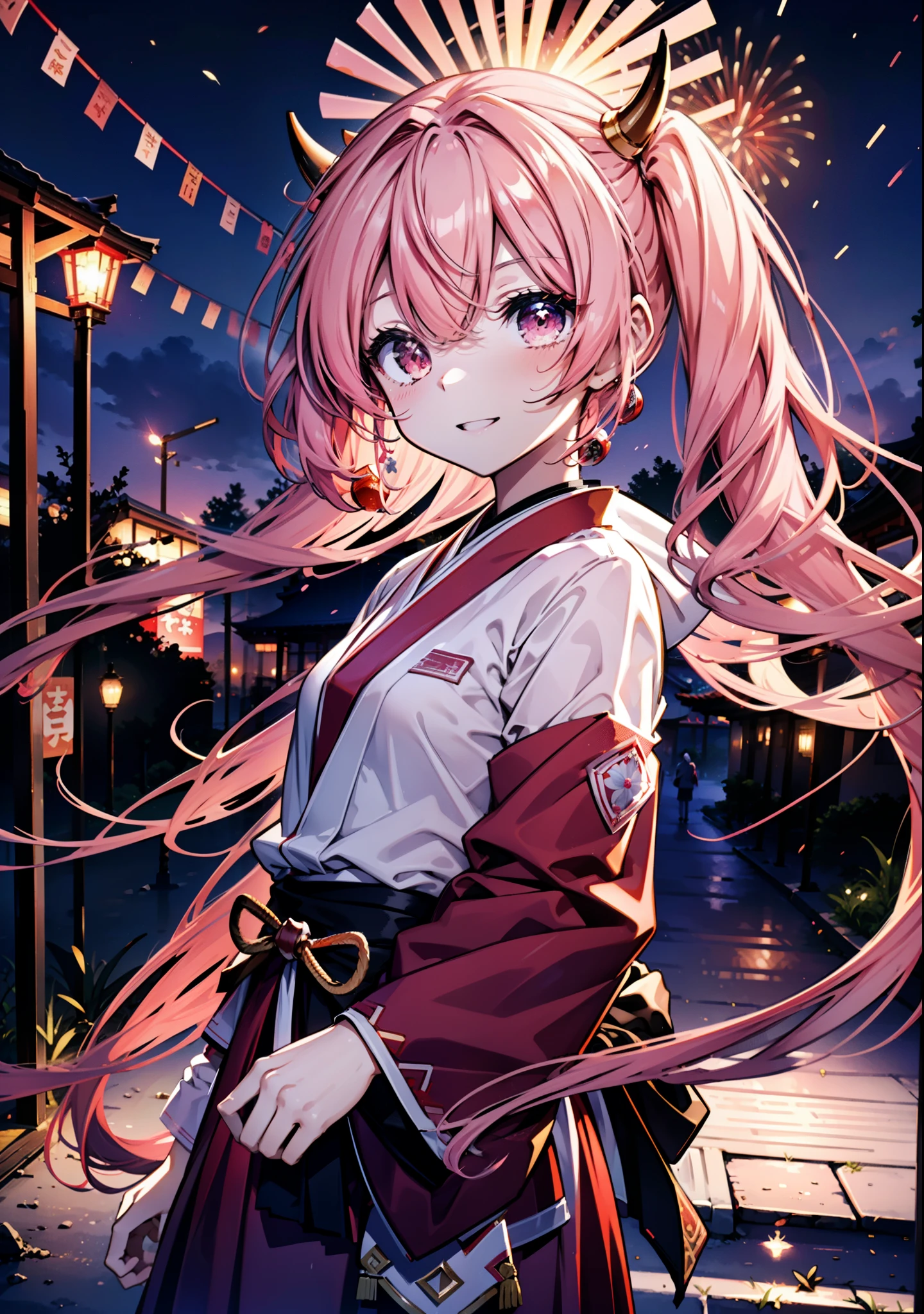 Aria h kanzaki,horn,Pink Hair,Long Hair,low 　Twin tails,Red eyes,happy smile, smile, Open your mouth,pink kimono,Thick sleeves,Long skirt,日本のfestival,夏festivalの屋台,Red Lantern,night,night空のfirework,firework,場所はfirework大会,時間はnightです,sunny day,turn around,as if,walk,　　　　　　　　　　　　　　　  　　　　　break looking at viewer, Upper Body, (Cowboy Shot:1. 5),  　　　　　
break outdoors, festival,shrine,
break (masterpiece:1.2), Highest quality, High resolution, unity 8k wallpaper, (shape:0.8), (Beautiful attention to detail:1.6), Highly detailed face, Perfect lighting, Highly detailed CG, (Perfect hands, Perfect Anatomy),