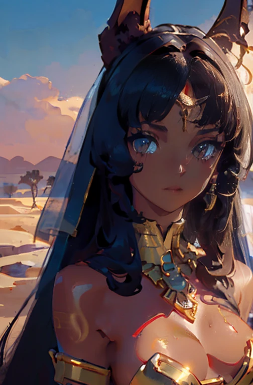 ((Frank Frazetta)), Beautiful full-bodied black woman, gorgeous eyes、 egyptian woman, Egyptian adornments, muscled body e perfeito,(maximum quality、8k、32 mil、Masterpiece artwork、nffsw:1.3)、超High resolution,(Photorealistic:1.4),, long black hair with heavy bangs on the forehead,,,sun glints,depth of fields,Backlight effects add depth to the screen、muscled body, red veil, dark skin shiny with oil and sweat, Anubis warrior in small clothes, good golden, Egyptian tattoo,, breasts big, generous neckline, , A desert, pyramids in the background