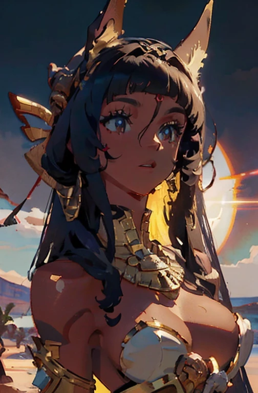 ((Frank Frazetta)), Beautiful full-bodied black woman, gorgeous eyes、 egyptian woman, Egyptian adornments, muscled body e perfeito,(maximum quality、8k、32 mil、Masterpiece artwork、nffsw:1.3)、超High resolution,(Photorealistic:1.4),, long black hair with heavy bangs on the forehead,,,sun glints,depth of fields,Backlight effects add depth to the screen、muscled body, red veil, dark skin shiny with oil and sweat, Anubis warrior in small clothes, good golden, Egyptian tattoo,, breasts big, generous neckline, , A desert, pyramids in the background