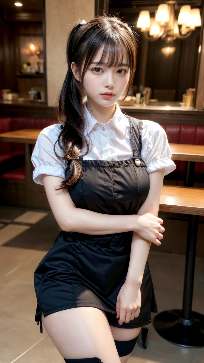 masterpiece, best quality, illustration, Super detailed, fine details, High resolution, 8K,wall paper, perfect dynamic composition,(Details High quality, realistic depiction of eyes:1.3), waitress uniform, restaurant, large breasts, pony tail、black hair color, Big Natural Color Lip, bold sexy pose, crying a little、cold gaze, Harajuku style、20 year old girl、cute type、lolita、beautiful legs, gravure idol, Voluptuous thighs