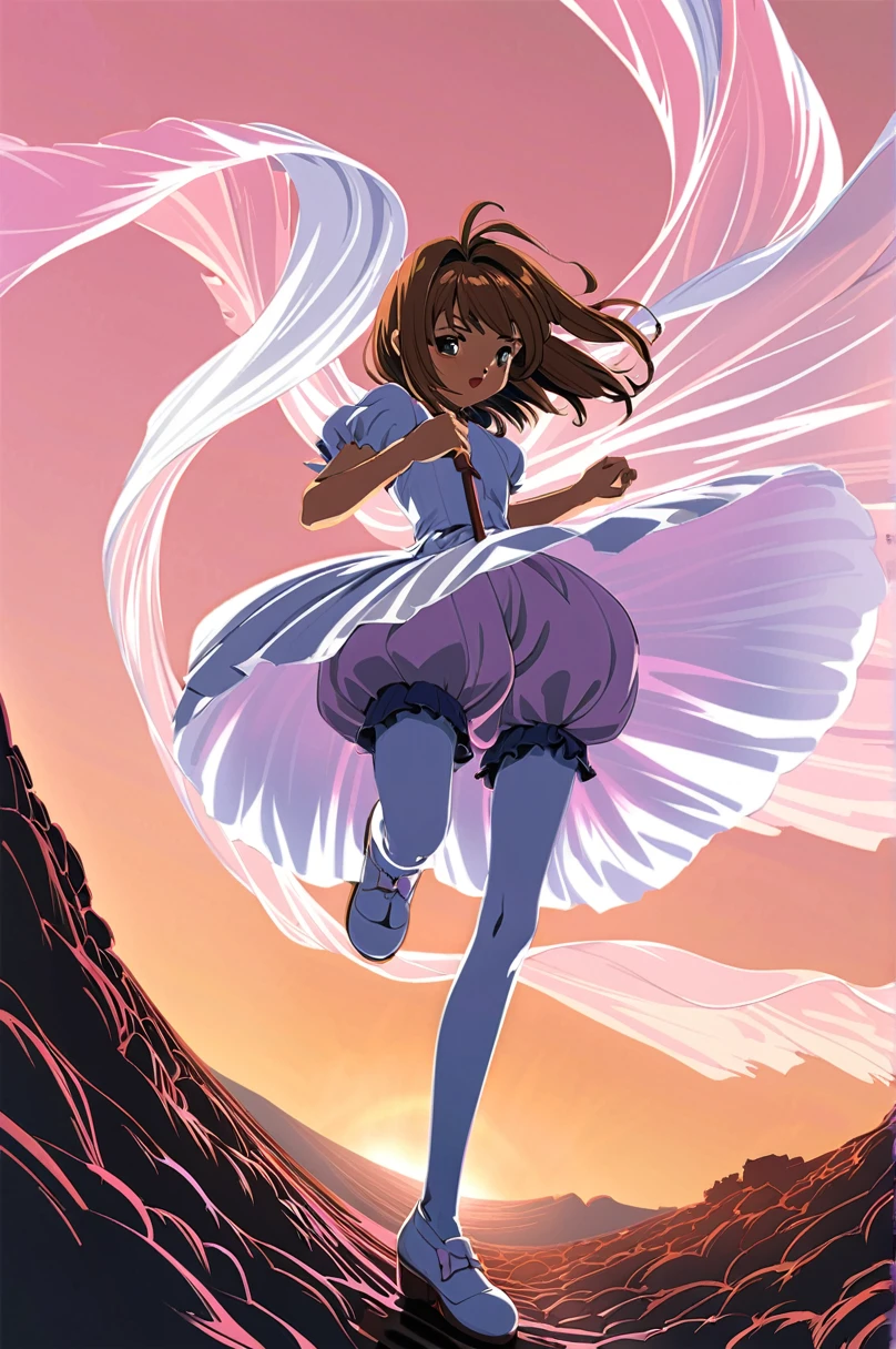 10 year old girl underwear, Sakura Kinomoto、Realistic bloomers made from patterned cotton fabric, Medieval one-piece dress with panniers, Fabric Realism, Low - Angle, I see bloomers, Pull up the dress by hand, Strong winds, Translucent slip, Translucent slip, tights, Highest quality, whole body