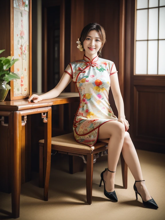 movie lighting, Ray tracing, film grain, Depth of Field, Ultra high quality, masterpiece, best quality, Super detailed, Winning, High resolution, high detail, real skin, natural skin texture, 1 girl, Oval face, cheongsam, whole body,Big breasts,indoor, (((Show your thighs))), Bare thighs, Beautiful legs, ((Chest)), Plump body, whole body, kiss, ((Colorful cheongsam)), sit on the floor, Smile, High heel, (sitting:1.3), Chinese furniture, vase, Sense of space, There is light on the face, Depth of Field, Natural light, Flowers, plant, Art Deco Design,