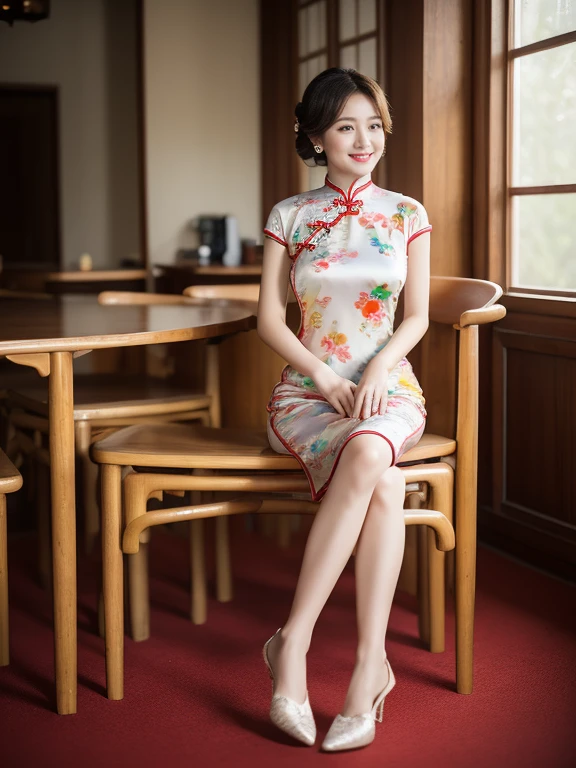 movie lighting, Ray tracing, film grain, Depth of Field, Ultra high quality, masterpiece, best quality, Super detailed, Winning, High resolution, high detail, real skin, natural skin texture, 1 girl, Oval face, cheongsam, whole body,Big breasts,indoor, (((Show your thighs))), Bare thighs, Beautiful legs, ((Chest)), Plump body, whole body, kiss, ((Colorful cheongsam)), sit on the floor, Smile, High heel, (sitting:1.3), Chinese furniture, vase, Sense of space, There is light on the face, Depth of Field, Natural light, Flowers, plant, Art Deco Design,
