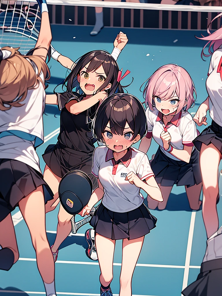 Mob of four women, university students, tennis club, very angry:1.9 Raising eyebrows Screaming Pointing at the viewer:1.9 Clenched fist Tennis wear Colorful hair Short hair