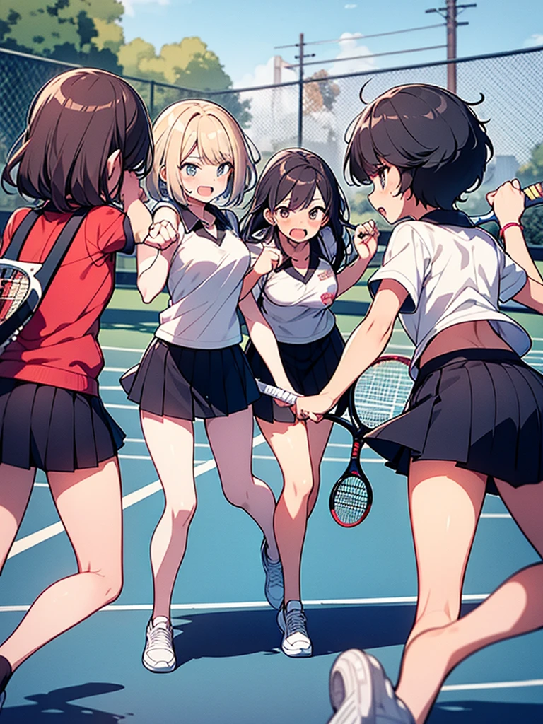 Mob of four women, university students, tennis club, very angry:1.9 Raising eyebrows Screaming Pointing at the viewer:1.9 Clenched fist Tennis wear Colorful hair Short hair