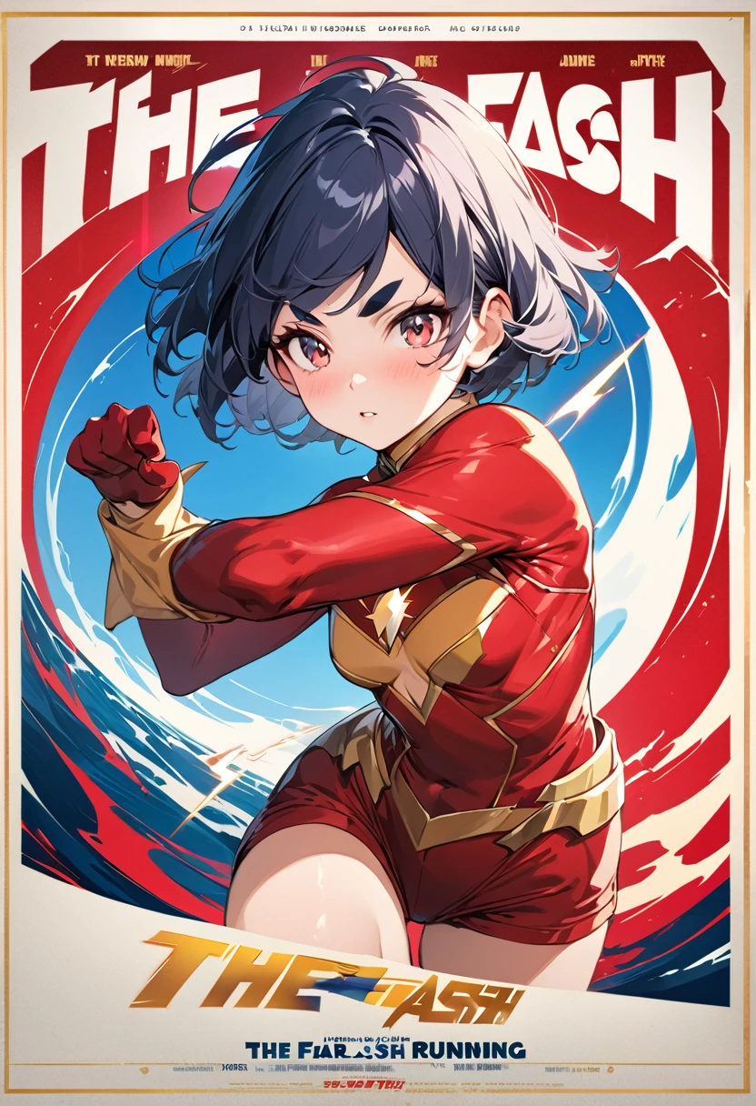 (masterpiece, best quality,ultra highres), (movie poster art,title of "the flash"),In the center of the poster, girl in running pose,(girl,,(darkblue wavy-short hair),thick eyebrows,middle small breasts),(wearing "the flash" costume),