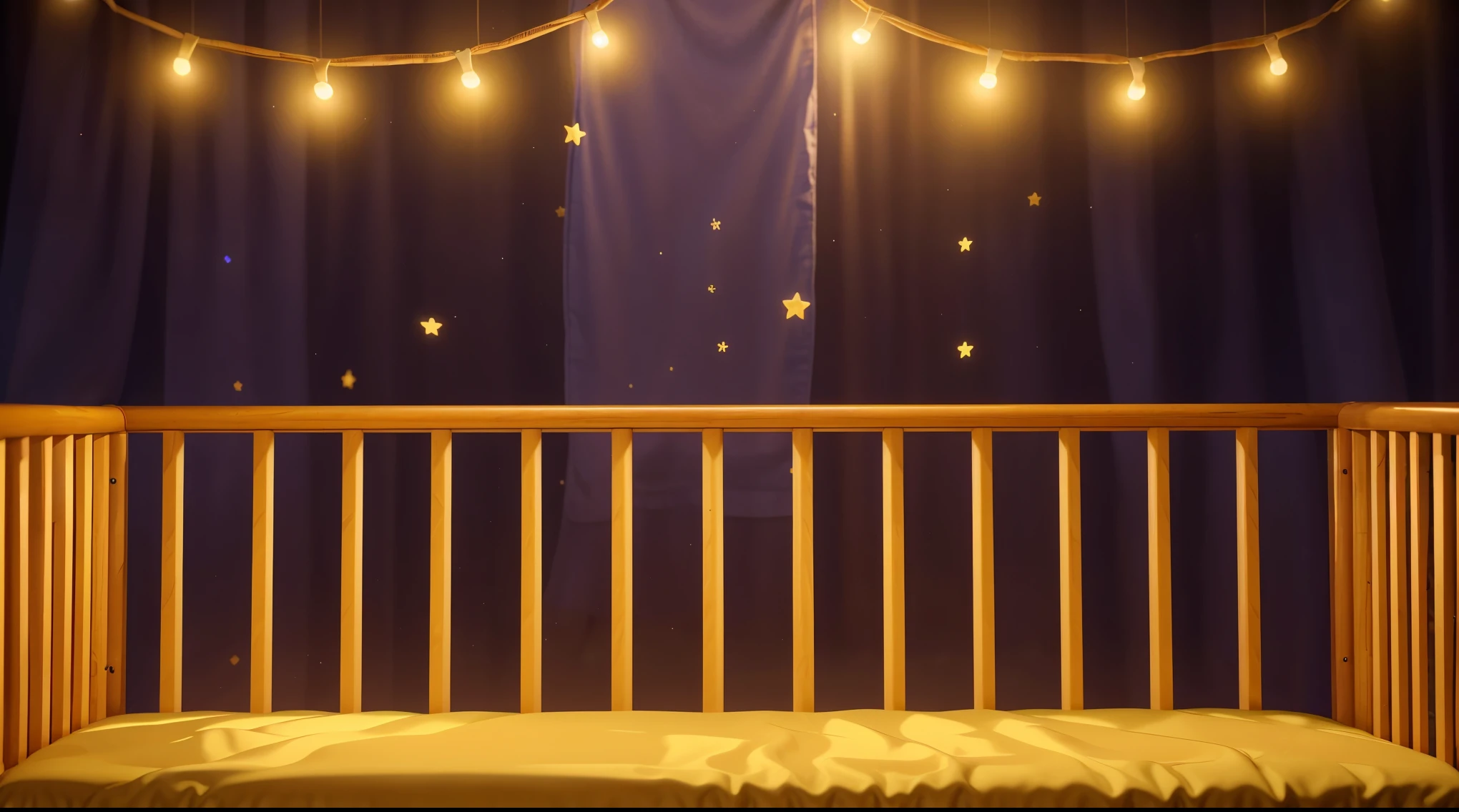 purple curtains purple curtains purple curtains purple curtains purple curtains purple curtains This image portrays a cozy and whimsical scene within a child's crib. The crib, with its warm orange and yellow wooden bars, stands against a vibrant backdrop of deep purple curtains adorned with stars. Strung across the top are charming yellow fairy lights, adding a magical and soothing ambiance. The crib bedding is a plush golden blanket, inviting and soft, suggesting a comfortable and secure resting place for a . This setting exudes a sense of warmth and safety, ideal for a child's imaginative and peaceful slumber. аffects render, (glossy plastic texture with multiple big light probe refractions), perfect cgi, smooth silhouette, high intensity refraction, (super glossy plastic material), most beautiful vfx, , realistic, 4k, high resolution, rim light, smooth 3d model, multiple light sources, rim light, sharp post effects render,, realistic, 4k, high resolution, rim light detailed digital art, reflective, best quality, 4k, masterpiece:1.2, ultra-detailed, realistic, vivid colors, The image of the highest quality, ensuring every detail showcased perfectly. It in 4k resolution, allowing viewers to immerse themselves in the richness of the colors and intricate details. The realistic rendering. under the spotlight, reflecting, high-resolution image, realistic rendering