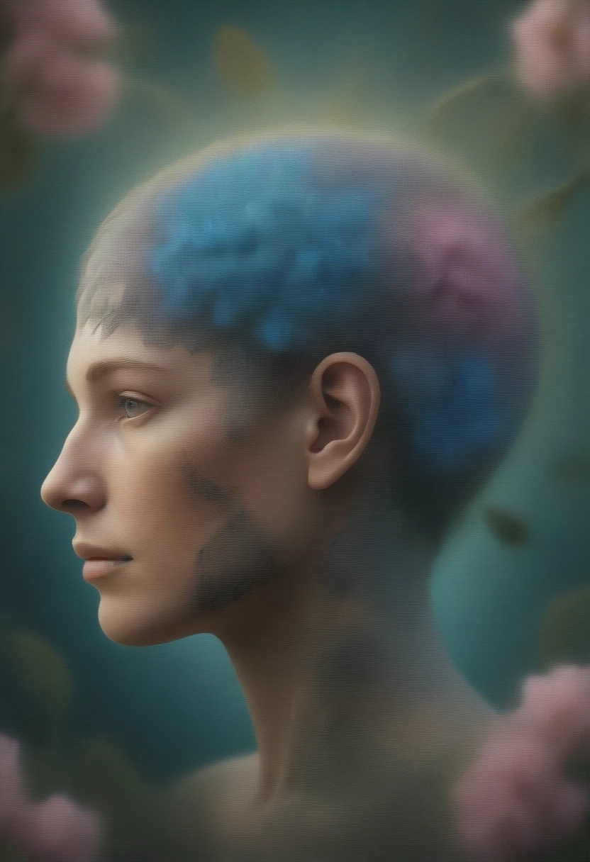 a close up of a person's head with a brain made of flowers, psychedelic surreal art noir style,surreal art, tree of life brains, surrealistic art style,organic cyborg, humanoid flora, surreal design, surreal psychedelic design,humanoid vegetation, psychedelic dmt, mind altering drugs. fair skin, light complexion, sun tan face, perfect realistic skin, portrait photography