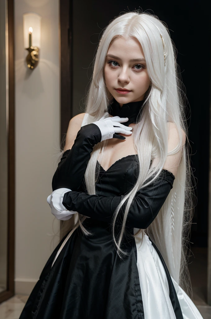 Long white hair girl, red dress, black gloves, face, black cry