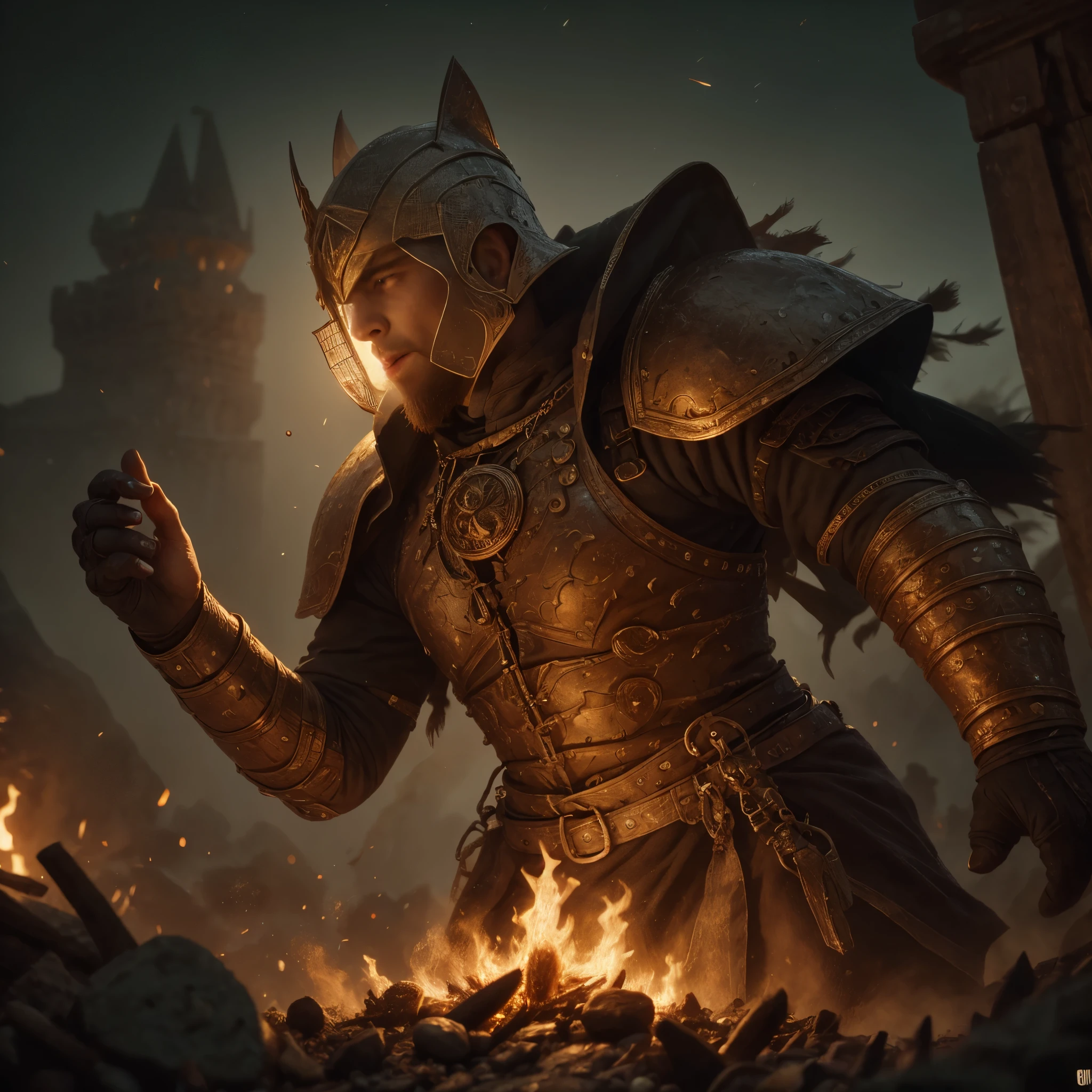 A medieval warrior fighting in the battlefield, dressed in black, work of malediction and death, The Great One of the Night of Time, stand up and shout. Realistic hands. [The character is surrounded by mist, evoking a mysterious and eerie atmosphere. The lighting is dark and atmospheric, with smoke adding a touch of sinister ambiance. Best quality image, HDR enhancement, showcasing the utmost level of detail and realism, full body shot:1.5]. [8K, Best Quality, Ultra High Resolution, (highly detailed CG unity 8k wallpaper), (best photo), cry, (best shadows), isometric 3D, octane rendering, ray tracing, highly detailed, (Best quality, 4K, 8k:1.2), absurdity, ultra detailed, (realistic, photorealistic, photorealistic:1.37), complex parts, HDR, (complex parts:1.12), (hyper detailed, hyper realistic, Soft lighting, spicy:1.2), (complex parts, Hyper detailed:1.15). Blurred foreground. (backlit), masterpiece, high quality, brightness, chromatic aberration, foggy smoke, shadows, ontrast, clear sky, (warm hue, warm tone), high details, natural reflections]. (YES SFW)