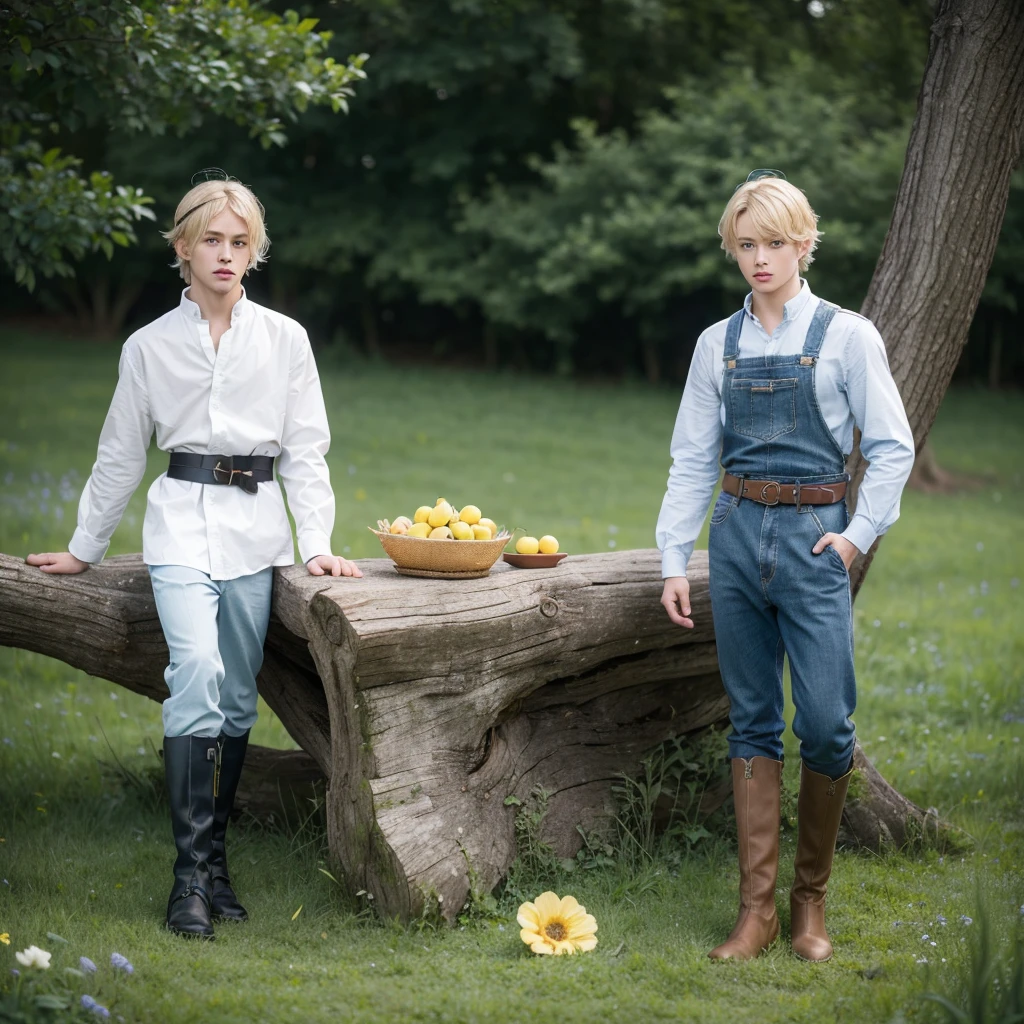 solo, blue eyes, blonde hair, 1boy, standing, flower, male focus, boots, food, belt, water, star \(symbol\), tree, fruit, headband, grass