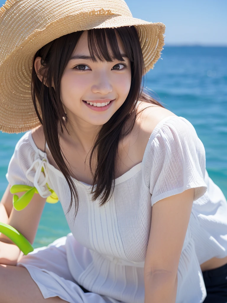Beautiful face、Beautiful arms、Beautiful Skin、Beautiful breasts、laughing、Straw hat、sunset、Beach、Spectacular views、