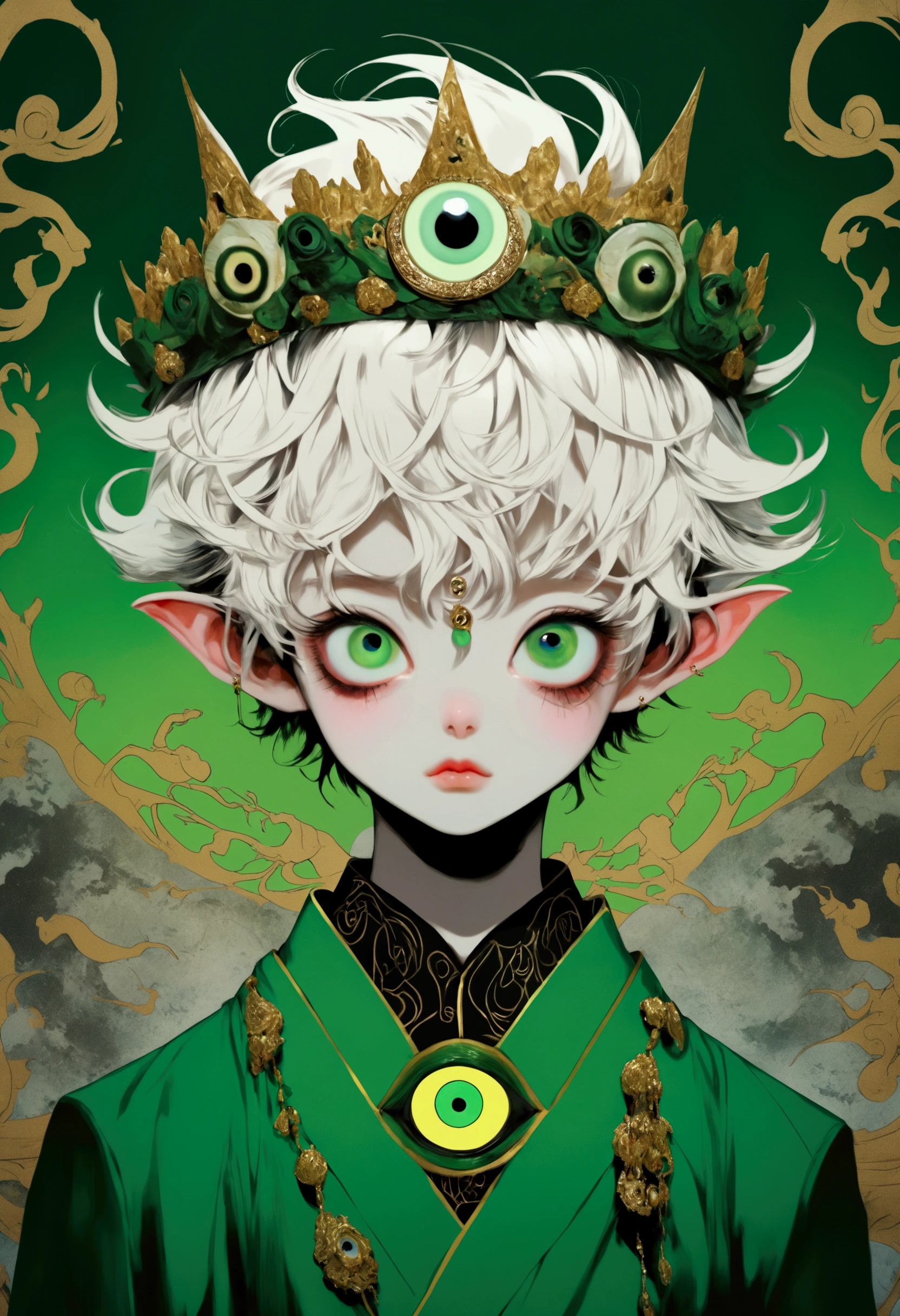 Japanese Anime，Second Dimension，Horror style，horror character，(((Three-eyed boy，独奏，third eye on the forehead，Dark eyeshadow，White short hair，Elf ears，Green Skin，Exaggerated golden crown-eyeball decoration))),(((Japanese clothing))).(((Thin waist，Green belt：1.6))).Pure pink background