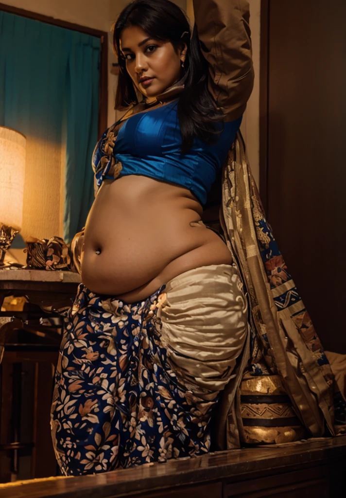 indian.plus size bhabhi wearing blue skirt and blue blouse, she has big belly wide hips, big buttocks , fat legs