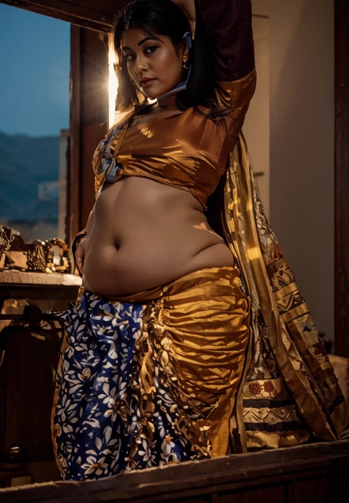 indian.plus size bhabhi wearing blue skirt and blue blouse, she has big belly wide hips, big buttocks , fat legs