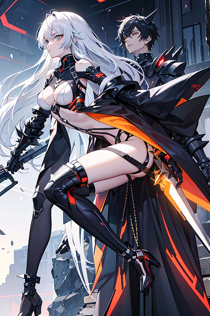 *Clothing:** She wears a very open black top, exposing part of her bust and abdomen. His garment features sharp, jagged shoulder pads, with sleeves that appear to blend into metallic or cybernetic structures. Her skirt or bottom consists of several metal spikes and dark stripes that partially cover her legs.
- **Shoes:** His shoes are also cybernetic in style, with metal spikes and exposed mechanical elements.
- **Accessories:** The character appears to be wearing pieces of armor or mechanical equipment, particularly on his arms and legs, with chains and heavy metal structures. She also holds objects shaped like lamps or weapons in each hand.
- **Hair:** Her hair is long, white or silver in color, and is styled so that it flows behind her, adding a sense of movement to her appearance.
- **Eyes:** Her eyes are a light orange color and appear to glow slightly, which could indicate a cybernetic or supernatural nature.

Its overall appearance evokes a mix of science fiction and fantasy, with a style very marked by cybernetic elements and mechanical attributes.