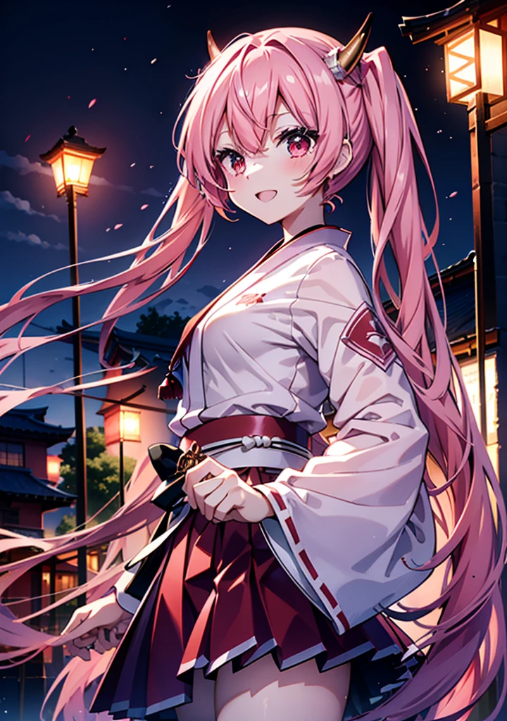 Aria h kanzaki,horn,Pink Hair,Long Hair,low 　Twin tails,小さいhorn,Red eyes,happy smile, smile, Open your mouth,pink kimono,Thick sleeves,Long skirt,日本のfestival,夏festivalの屋台,Red Lantern,night,night空のfirework,firework,場所はfirework大会,時間はnightです,sunny day,turn around,as if,walk,　　　　　　　　　　　　　　　  　　　　　break looking at viewer, Upper Body, (Cowboy Shot:1. 5),  　　　　　
break outdoors, festival,shrine,
break (masterpiece:1.2), Highest quality, High resolution, unity 8k wallpaper, (shape:0.8), (Beautiful attention to detail:1.6), Highly detailed face, Perfect lighting, Highly detailed CG, (Perfect hands, Perfect Anatomy),