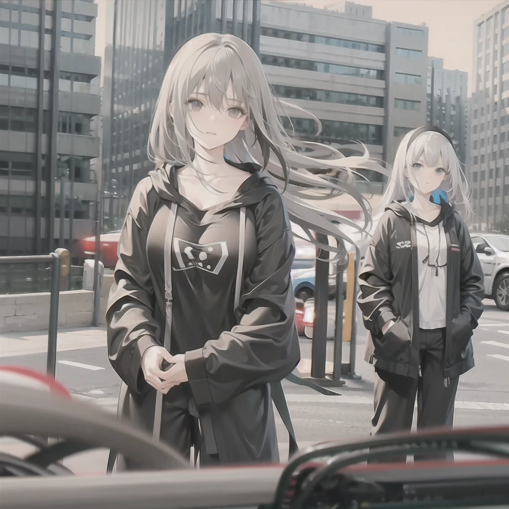 Long legs, Long Hair, Gray Hair, cyber punk, Depth of written boundary, Blurred Background, String, nude, Big Breasts, Cleavage, vaginal fissure, Lace pajamas, No coat, sexy