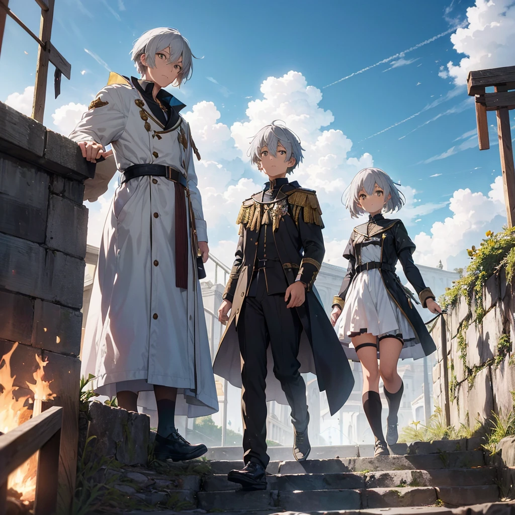 Attention to detail, Clarity, 8 kilometers, Throne of Fire, Young man, 18-year-old, Light grey hair, short hair, Yellow Eyes, Blue sky in the background, Walk up the flaming stairs to the heavens、To the throne before me, realism, Fantasy,