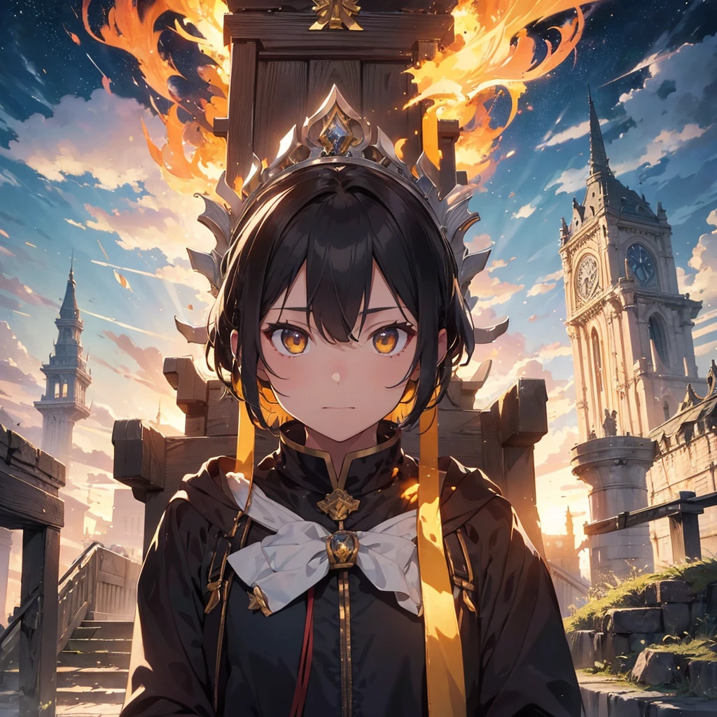 Attention to detail, Clarity, 8 kilometers, Throne of Fire, Young man, 18-year-old, Light grey hair, short hair, Yellow Eyes, Blue sky in the background, Walk up the flaming stairs to the heavens、To the throne before me, realism, Fantasy,