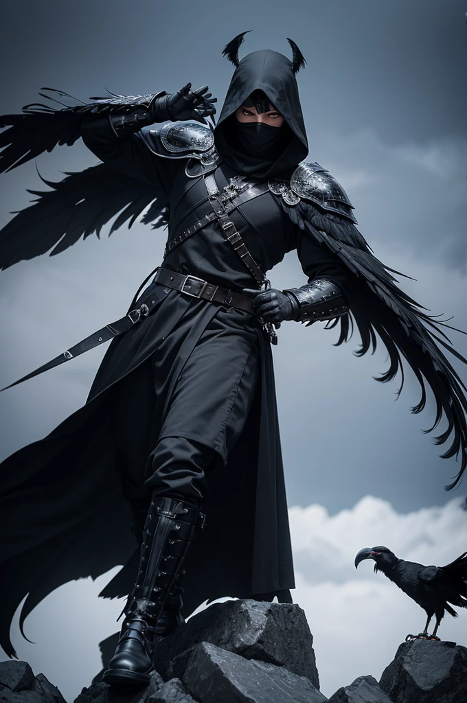 Male soldier with a hooded black armor, using a very long cloak with black feathers, using a black metallic angry raven mask, with black eyes, entire body in fighting pose, around a whirlwind of ravens and black feathers, sitting on a big black throne of a black gothic blizzard castle, in a distant view, with Jesus Christ King behind
