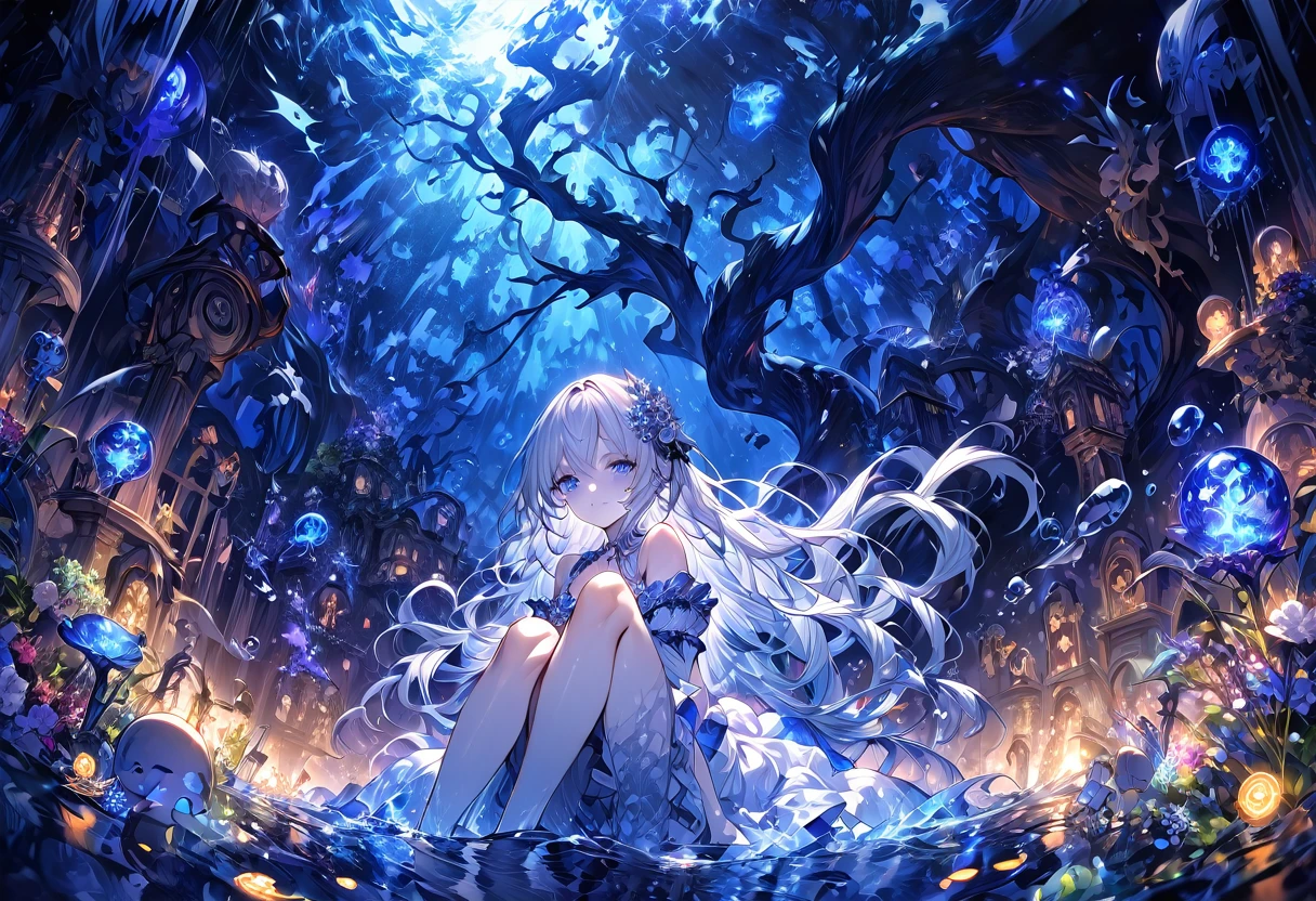 (masterpiece), (Highest quality), figure, Very detailed, High Dynamic Range, Depth of written boundary, (colorful), ,,This is a masterpiece that exudes exceptional quality. The figure is ultra-detailed, Use HDR technology to create a sense of depth. The theme is original, beautifully, Beautiful artwork, Bright colors,Full of fantasy elements. Girl sitting by the deep sea, Surrounded by running water, The background is a dark blue world tree, Located in the cemetery. 宁静梦幻的氛围赋予整个场Depth of written boundary情迷人的气质. Her pale complexion, Sparkling Blue Eyes, Silver hair decorated with flowers,Create stunning portraits. She wears Lolita-style fashion., poker face,shut up. The background is white, transparent, Loop Options, 半transparentの青い蝶も飛んでいます,add vitality.