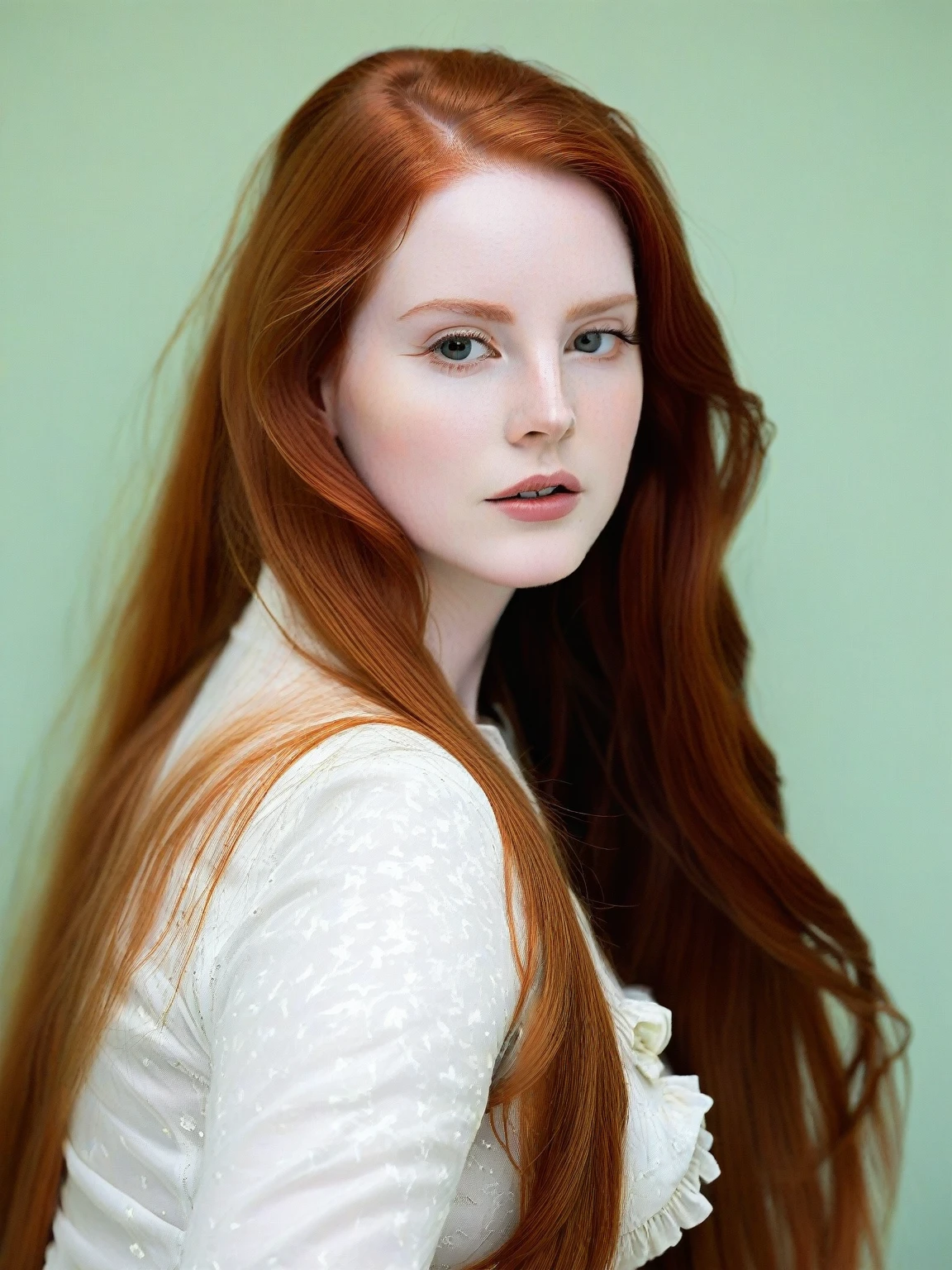 There is a woman with long red hair lying on a bed., amaranth, con pale skin, pale porcelain white skin, pale skin y clara!!, pale skin y brillante, she has long orange hair, She has long orange-brown hair., pale skin, smooth and impeccable, pale red, pale skin marfil, pale skin de porcelana, soft and pale skin, Kennedy Walsh