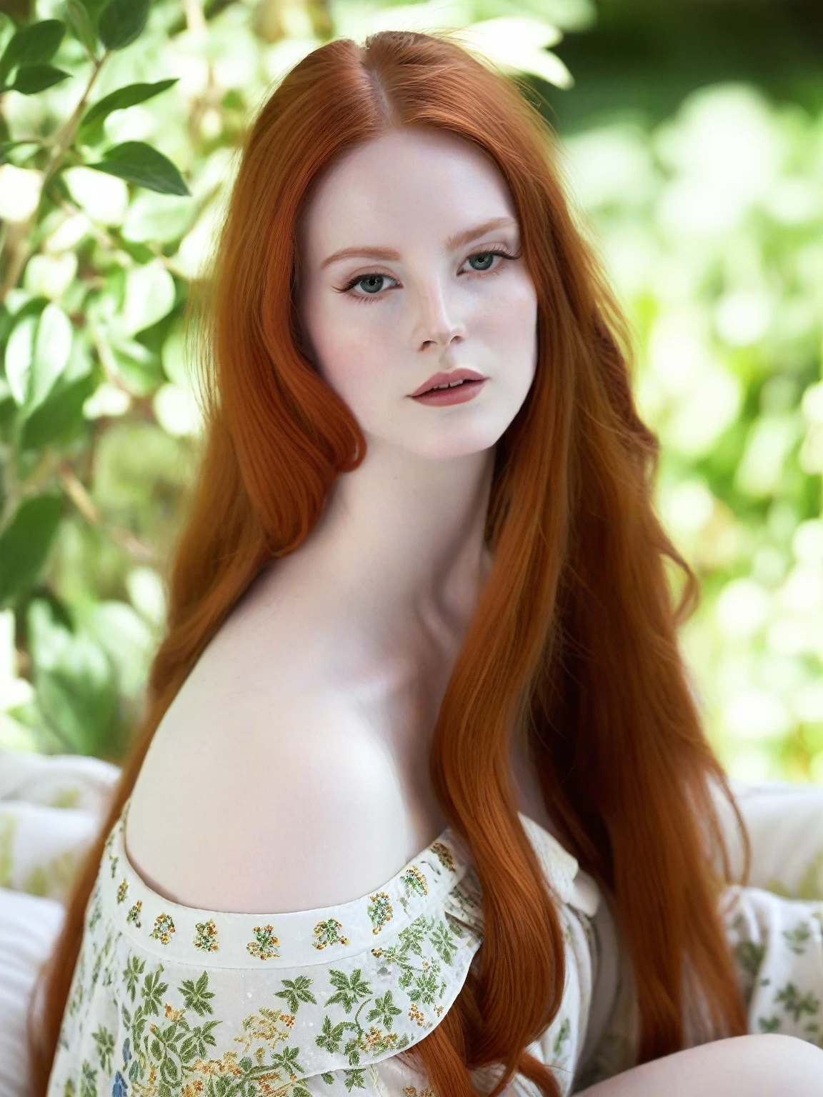 There is a woman with long red hair lying on a bed., amaranth, con pale skin, pale porcelain white skin, pale skin y clara!!, pale skin y brillante, she has long orange hair, She has long orange-brown hair., pale skin, smooth and impeccable, pale red, pale skin marfil, pale skin de porcelana, soft and pale skin, Kennedy Walsh