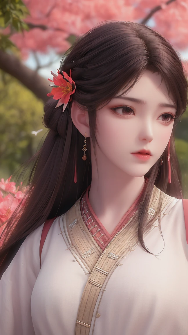 (best quality,ultra-detailed,photorealistic:1.37),vivid colors,studio lighting,beautiful detailed eyes,beautiful detailed lips,extremely detailed eyes and face,long eyelashes,portraits,black hair,confident expression,feminine,standing in a garden,soft sunlight, scenery,flower blossoms,peaceful atmosphere,artistic touch,textured brushstrokes,subtle color variations,brilliant white highlights,delicate movements,graceful pose,slight breeze,rustling leaves,sophisticated style,professional artwork,female beauty.