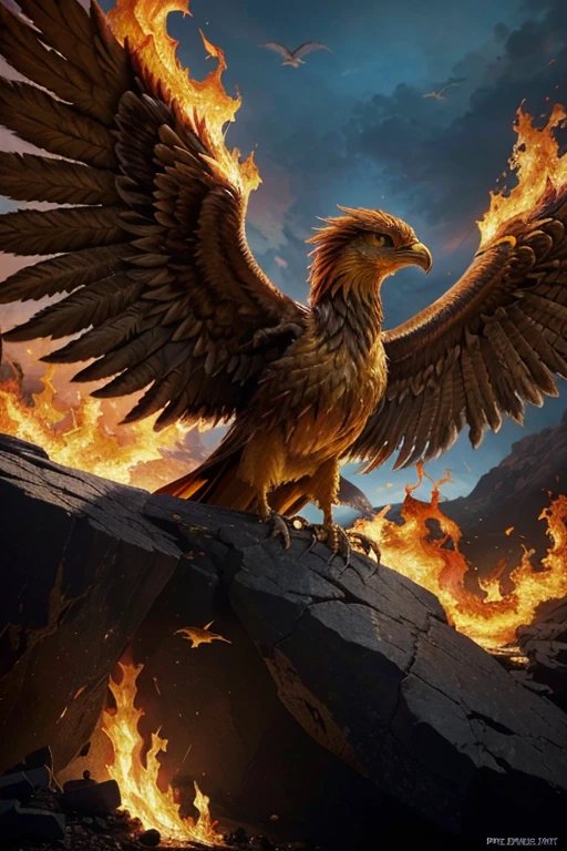 a close up of a bird flying over a rocky area, digital art inspired by Bob Eggleton, pexels, fine art, phoenix rising from the ashes, phoenix in fire, fiery bird, artwork of a phoenix, phoenix rising, ''wallpaper of a phoenix, with fiery golden wings of flame, phoenix warrior, flying scarlet phoenix, ''wallpaper of a phoenix resting