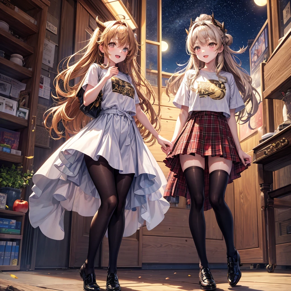 Brown and gold hair、Red gold eyes、Hair tied up、One good looking girl、solo、anime、Checkered mini skirt、T-Shirts、Black knee-high socks、Teeth are visible、Starry Sky、Midnight Moon、Confetti、A large cherry tree growing on the top of a rocky mountain、Home々、Light is flowing、Wearing a bell、Petting a goat、Apple