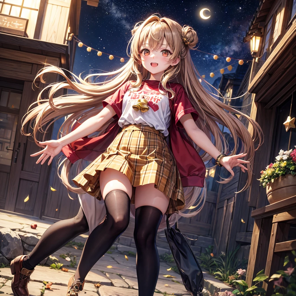 Brown and gold hair、Red gold eyes、Hair tied up、One good looking girl、solo、anime、Checkered mini skirt、T-Shirts、Black knee-high socks、Teeth are visible、Starry Sky、Midnight Moon、Confetti、A large cherry tree growing on the top of a rocky mountain、Home々、Light is flowing、Wearing a bell、Petting a goat、Apple