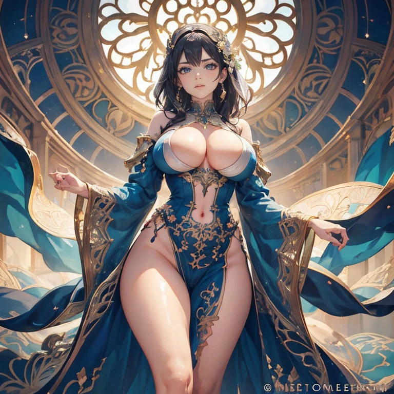 a beautiful detailed woman, 1girl, perfect body, sensual figure, slender, large breasts, thick thighs, gorgeous face, intricate details, high quality, masterpiece, official art, stunning, vibrant colors:1.5, art nouveau:1.5