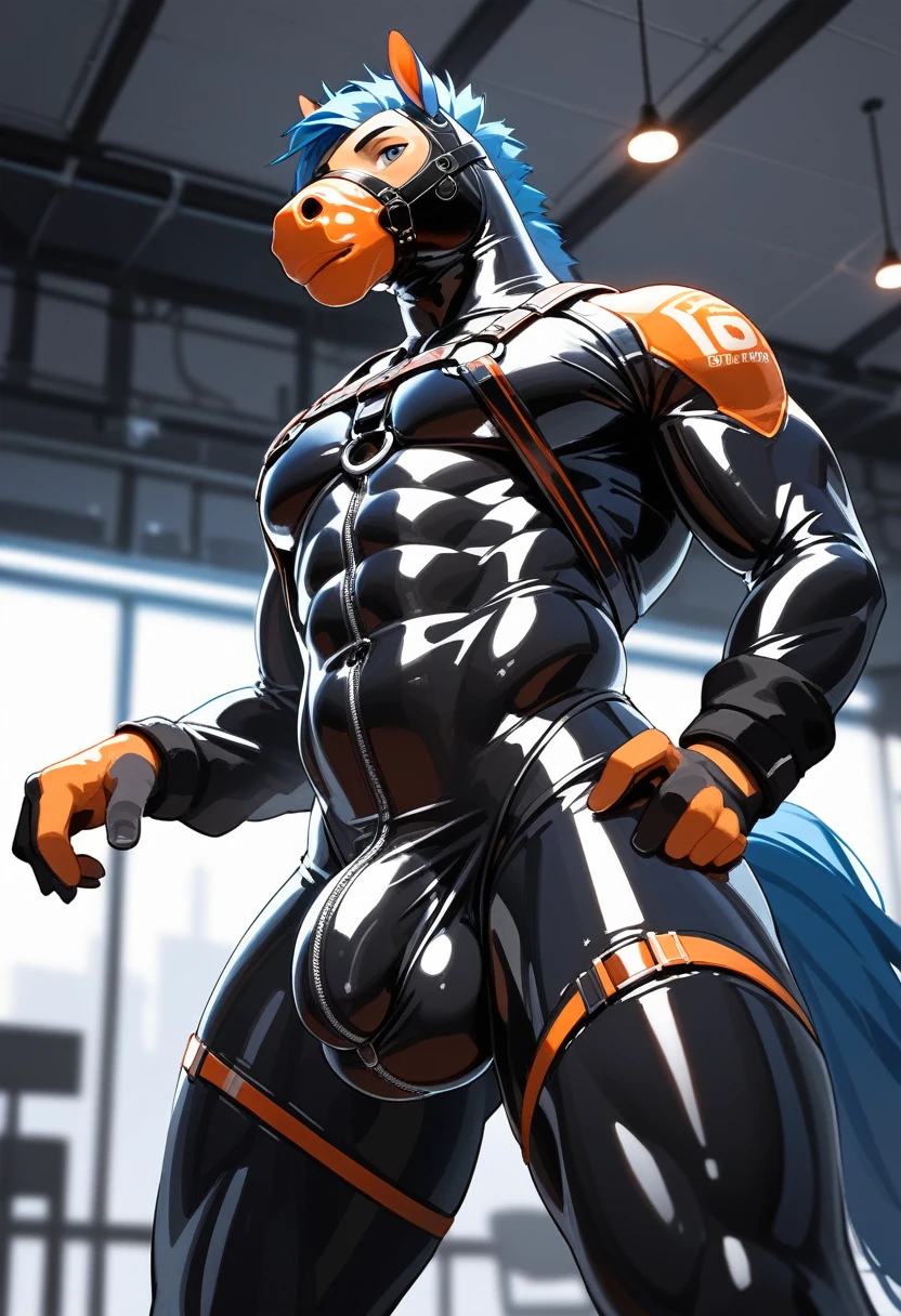 animation, Highest quality, Highest quality, High quality illustrations, masterpiece, Ultra-high resolution, Detailed Background, room, Absurd, Perfect Anatomy, performance, Good lighting, Shadows in the movies(kemono, Furry Personifi猫ion), horse, Muscle Body, Rubber Suit, latex, neon, neonライト, neonカラー, Bodysuits, Cyber Suit, cyber punk, Rubber mask, Harness, big bulge, Show bulge, Dynamic Angle