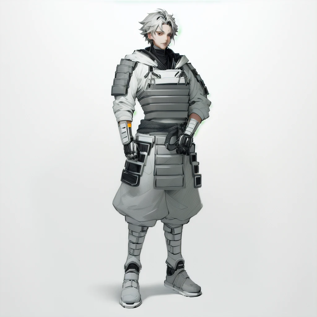 Enhance render style, full grey uniform, grey outfit, grey color scheme, monochrome, white background,