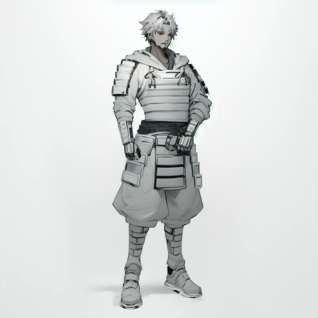 Enhance render style, full grey uniform, grey outfit, grey color scheme, monochrome, white background,