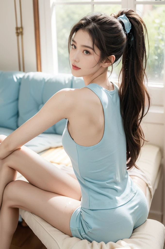 (((best quality))),(((ultra detailed))),(((masterpiece))),illustration,(1 beautiful girl,solo),((slim,thin)),((small breasts,flat chest)),(blush:1.5),summer afternoon,living room,sanctuary of tranquility,fitness,grace,(short ponytail:1.2),effortless elegance,((light blue yoga tank top,matching shorts)),youthful radiance,enchanting,inspiring,(sitting on treadmill:1.3),(arms behind back:1.3),(spread legs apart:1.3),body drenched in perspiration,(sweat:1.5),dedication,inner strength,determination,composed,focused,eyes,lush potted plant,greenery,life,vitality,soft sunlight,warm patches of light,fragrant cookies,cozy ambiance,attire,functional,fashionable,comfort,flexibility,slender figure,curves,lightweight material,unrestricted movement,sneakers,feet,grip,treadmill's belt,propel,forward,serene expression,slight smile,lips,focused on horizon,visualizing goals,dreams,radiant beauty, comfortable clothing,determined spirit,captivating,inspiring image,essence of summertime fitness,self-care,((from front,full body))