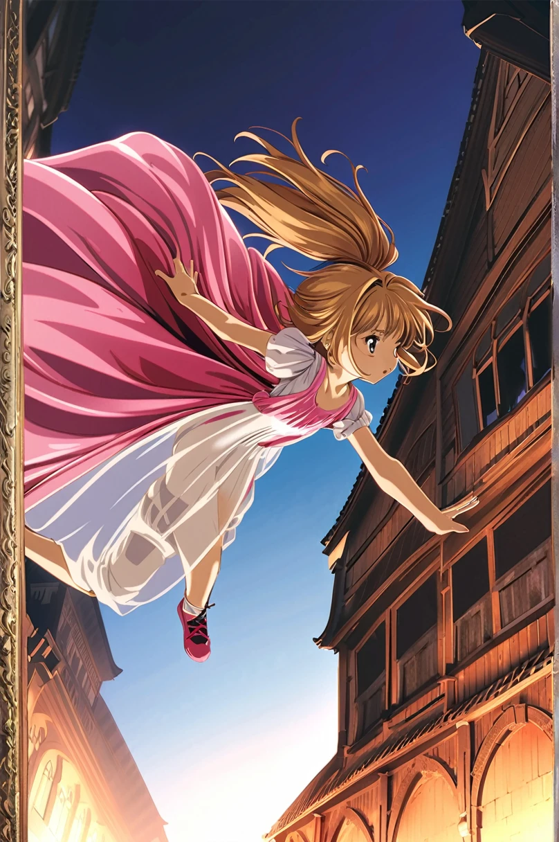 10 year old girl underwear, Sakura Kinomoto、Realistic bloomers made from patterned cotton fabric, Medieval one-piece dress with panniers, Fabric Realism, Low - Angle, I see bloomers, Pull up the dress by hand, Strong winds, Translucent slip, Translucent slip, tights, Highest quality,  whole body