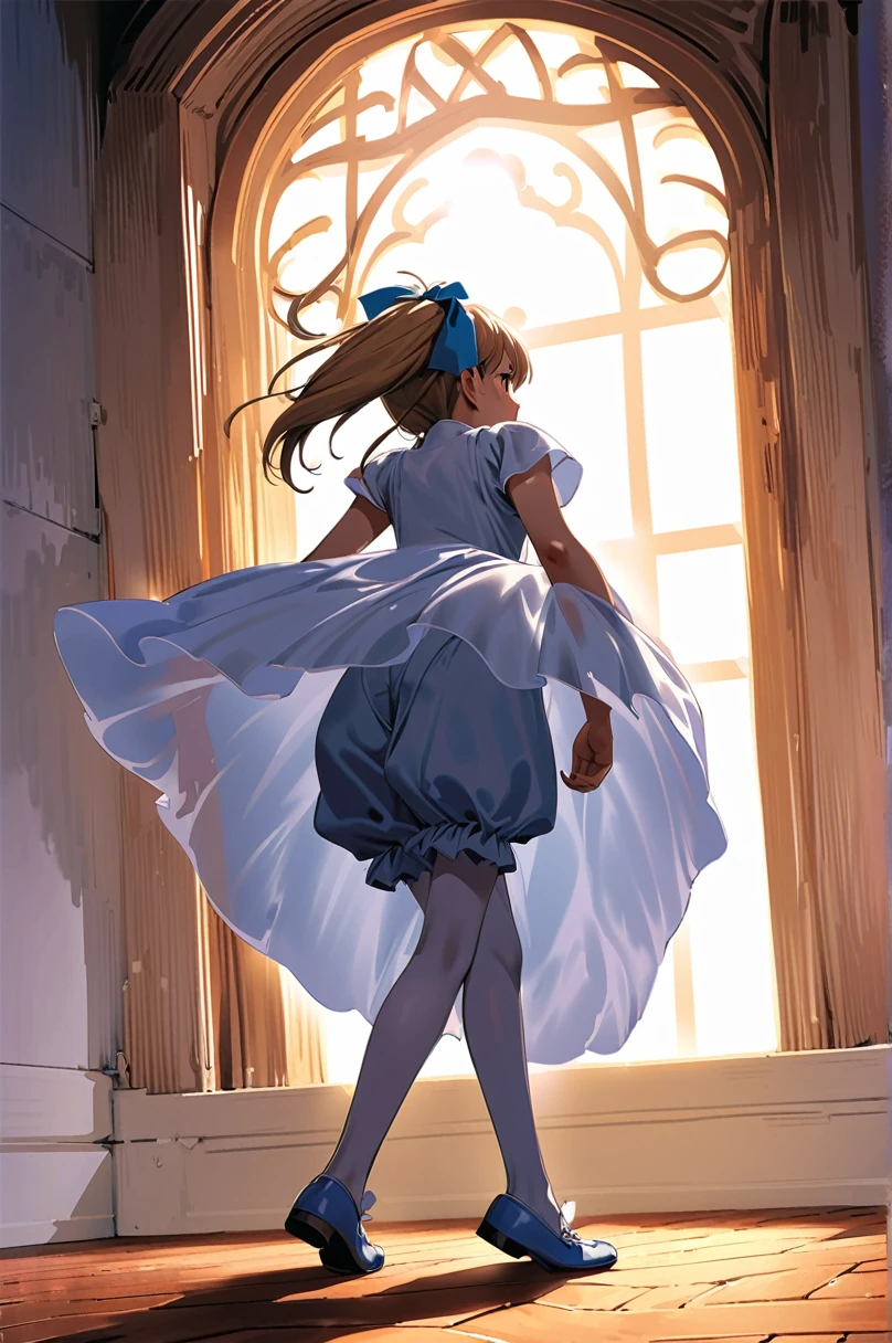 10 year old girl underwear, Sakura Kinomoto、Realistic bloomers made from patterned cotton fabric, Medieval one-piece dress with panniers, Fabric Realism, Low - Angle, I see bloomers, Pull up the dress by hand, Strong winds, Translucent slip, Translucent slip, tights, Highest quality, whole body