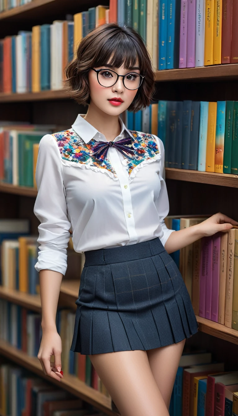 (((beautiful beautiful Isabela Merced, posing for shipmentss, looking sexy, ruffled lips, Short curly hair in different colors, extremely pretty eyes))), ((wearing floral silver necklace)), realistic shipmentsgraph, highy detailed, Foco do pointed, (Main lighting), (indoor bookstore environment), work of art, extremely pretty, Perfect beauty, (perfect shape body, Broad Hips, small waist, thick-thighs, firm abs, Body cute, knees, knees, focus on the knees, breasts small), short hair of different colors with bangs, short hair with bangs of different colors cobrindo a testa, short hair with bangs of different colors ((((short hair of different colors with bangs cobrindo a testa)))), ((30 years old)), (extremely detaild 8k wallpaper), ((face detailed)), (((wearing open white shirt, microsaia curta de tweed, knees, knees, Very Short Skirt)), (long dark eyelashes), (looking at the camera), (((neckleace))), (glamor model), (seductive facial expression) (((standing between high shelves full of books))), extremely detaild, work of art, details Intricate, highy detailed, Foco do pointed, skin detailed, realistic skin texture, texture, detailedeyes, high resolution, Cores Kodak Vision, shipments_\(ultra\), Post-processing, Maximum details, roughness, real-life, ultra realistic, shipmentsrealism, shipmentsgraphy, absurderes, RAW shipments, highest quallity, high detail RAW color shipments, professional shipments, extremely detaild UHD 8k wallpaper unit, best qualityer, high resolution, (work of art, maximum quality, high resolution:1.4), shipments, cinematic, film grain, pointed, soft natural light, magic shipmentsgraphy, super verbose, ((all-body: legs 1.7)), librarian glasses, nerd glasses, ((pleated miniskirt: miniskirt 1.6)), unbuttoned blouse with neckleace, へそ, へそ, neckleace, (Head to knee, all-body: knees 1.3)