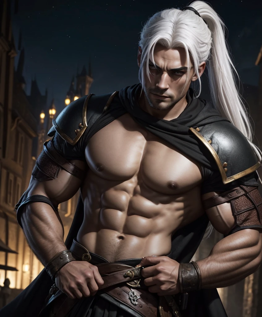 score_9, score_8_up, score_8,  (((Single character image.))) (((1boy))) (((Dressed in medieval fantasy attire.)))   (((This male character is sexy and virile.))) Generate a sinister male character for a dark fantasy setting. (((Powerful, muscular body.  Shirtless.  Great abs.  Great muscles.  Bodybuilder physique.)))  Dressed in medieval fantasy attire for a dark fantasy setting.  Dressed in dark medieval fantasy attire.  This individual is a criminal and a thug and a member of the town's dangerous criminal underworld.  (((Dark background at night.))) (((White hair in a ponytail.))) He is attractive and darkly handsome but has a nature to him that seems to be towards crime and the sinister activities that go on.  top quality, best quality, official art, beautiful and aesthetic:1.2), extreme detailed,  colorful, highest detailed,  best quality:1.0,hyperealistic:1.0,photorealistic:1.0,madly detailed CG unity 8k wallpaper:1.0,masterpiece:1.3,madly detailed photo:1.2, hyper-realistic lifelike texture:1.4, picture-perfect:1.0,8k, HQ,best quality:1.0,  (((Extremely sexy image.  Character is a heartthrob.))) 