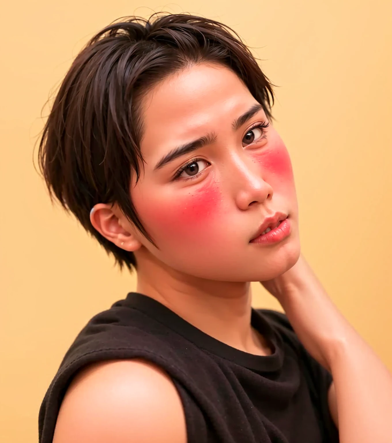 Asian boy, good lighting, smooth, glossy skin, blur background, high quality, 8k resolution, pores, realistic skin, makeup, drunk blush, red blush