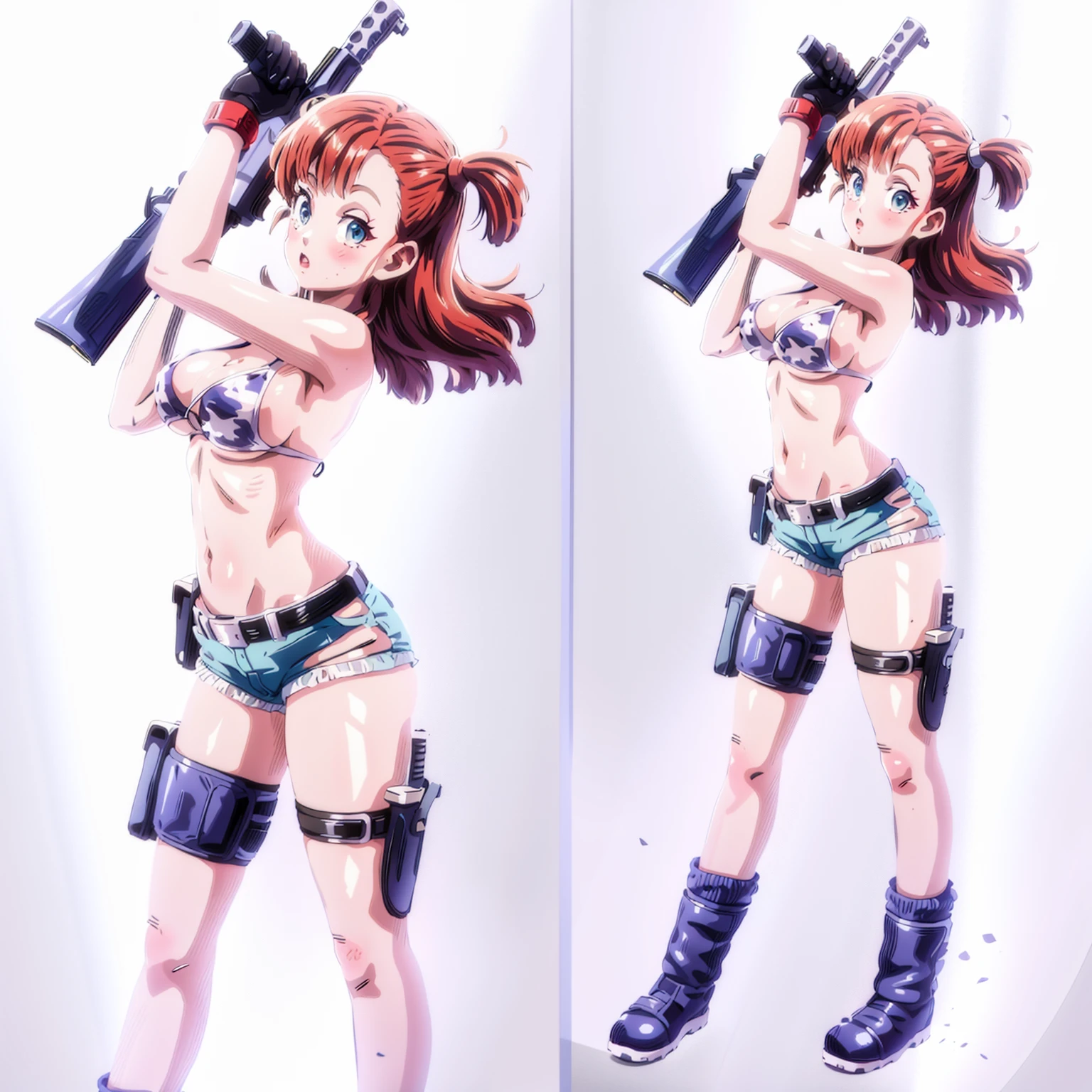 1girl, solo, gun, weapon, shorts, swimsuit, bulma, holster, boots, bikini, red hair, gloves, breasts, one side up, bikini top only, shorts, thigh holster, shorts, short shorts, cleavage, navel, medium breasts, handgun, full body, long hair, midriff, belt, thigh strap，(see through)